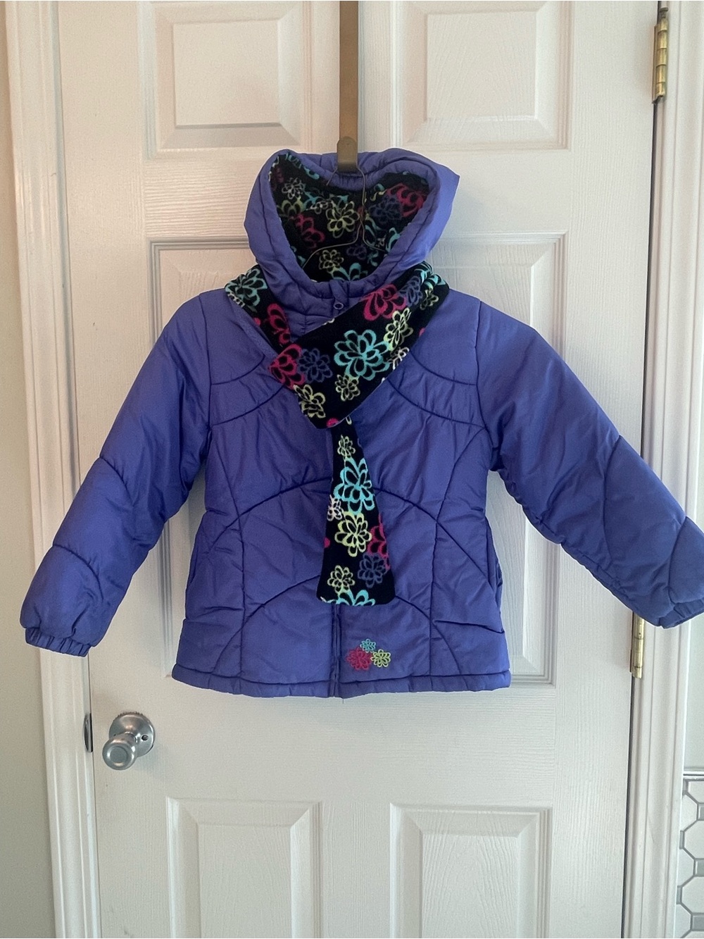 London Fog Girls' Purple Hooded Puffer with Floral Accent Scarf